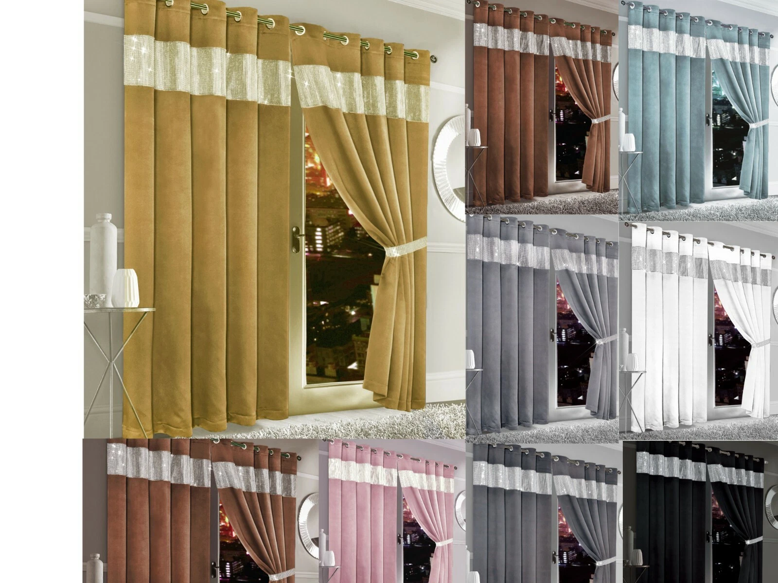 Diamante Blackout Curtains Eyelet Ring Top Ready Made Ties Thermal Curtain Pair
Opens in a new windo