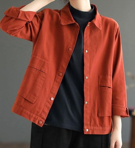 New Women's Cotton cargo Jacket Casual solid coat Long sleeve Short jacket gift - Picture 11 of 21