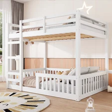 Full over Full Wood Bunk Bed Frame with Ladder and Guardrails, White