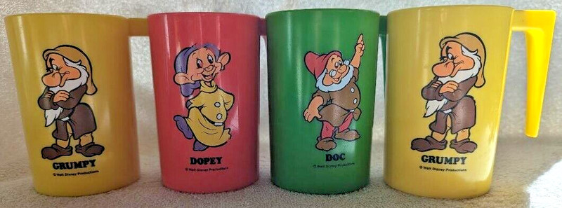Lot of 4 Vintage 1970's Disney Character Plastic Cups - Dopey, Grumpy & Doc