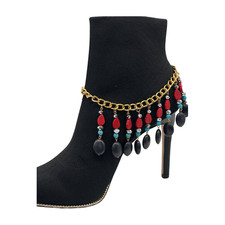 Women Gold Metal Boot Chain Bracelet Shoe Charm Blue Black Red Beads Jewelry