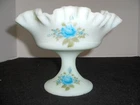Fenton Hand Painted Custard Blue Roses Compote
