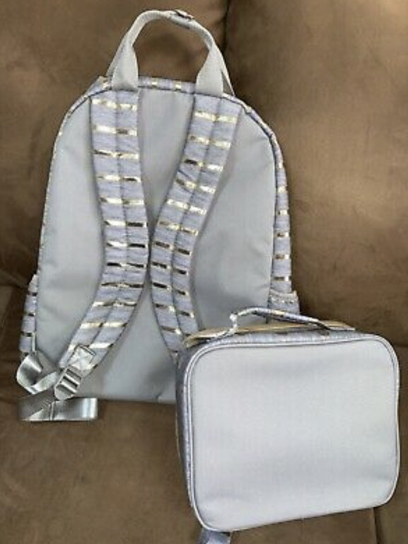 JUSTICE BACKPACK/LUNCHBOX/LANYARD GRAY SHIMMERING GOLD STRIPES