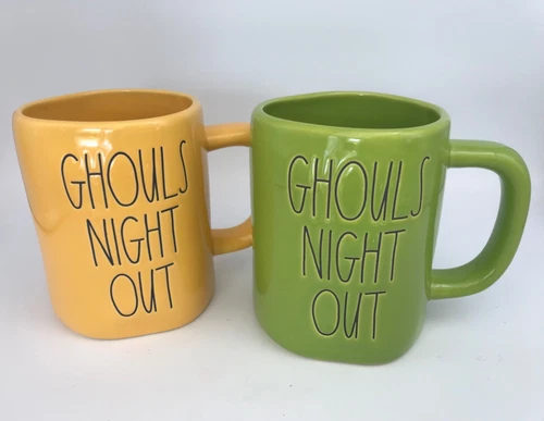 SET OF 2 RAE DUNN by Magenta GHOULS NIGHT OUT YELLOW & GREEN 16oz Coffee Cup Mug