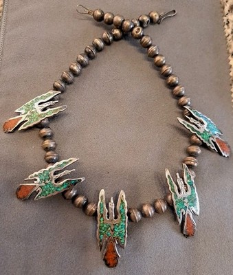 HYSON CRAIG Sterling Silver Turquoise Coral THUNDERBIRD 16+'' Necklace NAV Pearls