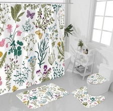 4 Piece Elegant Floral Design Shower Curtain Set With Floor Mats  Toilet Cover