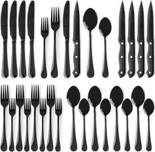 Astercook 24-Piece Black Silverware Set with Steak Knives Flatware Set for 4 Foo