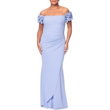 XSCAPE 3D Ruffle Floral Off-Shoulder Scuba Crepe Gown Periwinkle Blue Size 4