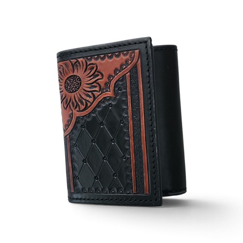 Western Leather Tri-fold Wallet Tooled Redish Brown Sunflower Diamond Crosshatch