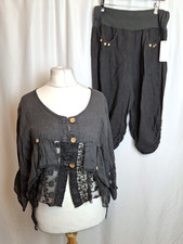 Made In Italy 100% Linen Grey Co-Ord Crop Top Trousers Lace One Size NWT C5190