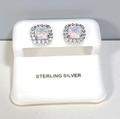 925 Sterling Silber Labor Opal Quadrat Halo Ohrstecker