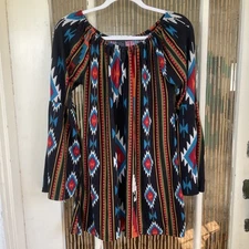 WIN WIN Top Womens L-XL Multicolor Aztec Bohemian Bell Sleeve Tunic