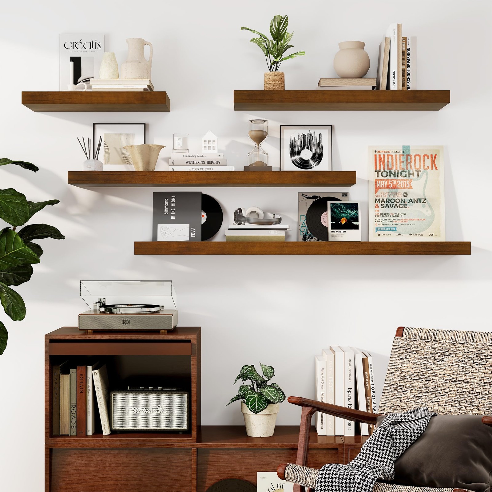 Floating Shelves, 9.3 Inch Deep Solid Pine Wood Wall Shelves for Storage, Rus...