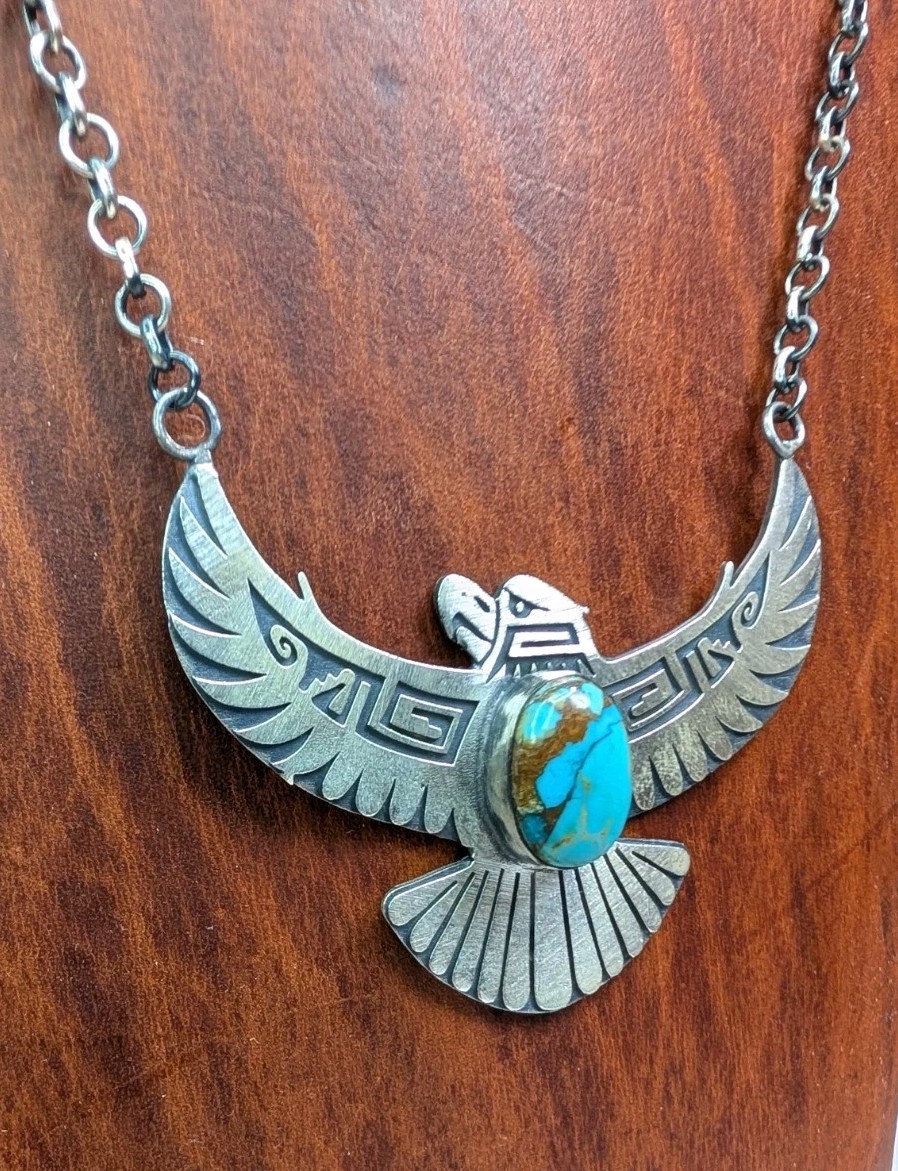 Sterling Silver Turquoise Eagle Necklace Open Win… - image 3