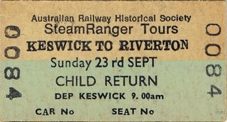 Railway tickets SA ARHS Steamranger Keswick to Riverton child return 23 Sept.