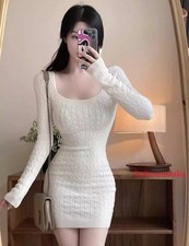 Women's Sweater Dress Knitted Boat Neck Long Sleeve Stretch Warm Dresses Sexy