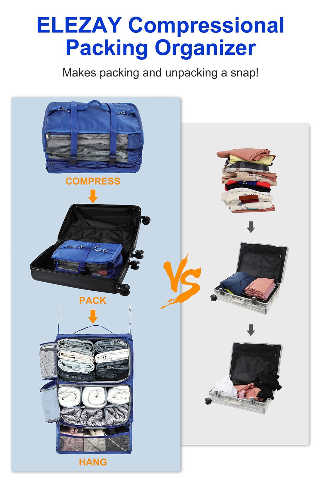 Hanging Packing Cubes Portable Closet 3-Shelf Travel Collapsible Compression ...