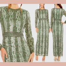 NWT MAC DUGGAL [ 12 ] 5981 High Neck Long Sleeve Crystal Fringe Colum Gown Q1216