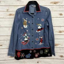 Vintage Snowman Embroidered Mitten Button Front Blouse Winter