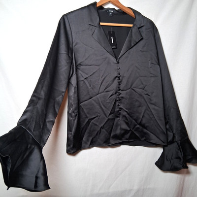 Express Black Satin Blouse M Long Flare Sleeve Vampire Gothic Dark Fairy NEW