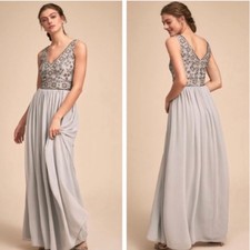 BHLDN Beholden Mischa Embellished Beaded Chiffon Maxi Dress Gown Fog size 4