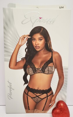 Balconette Bra & Garter Panty Animal Black Leopard Lace Exposed By Magic Silk 