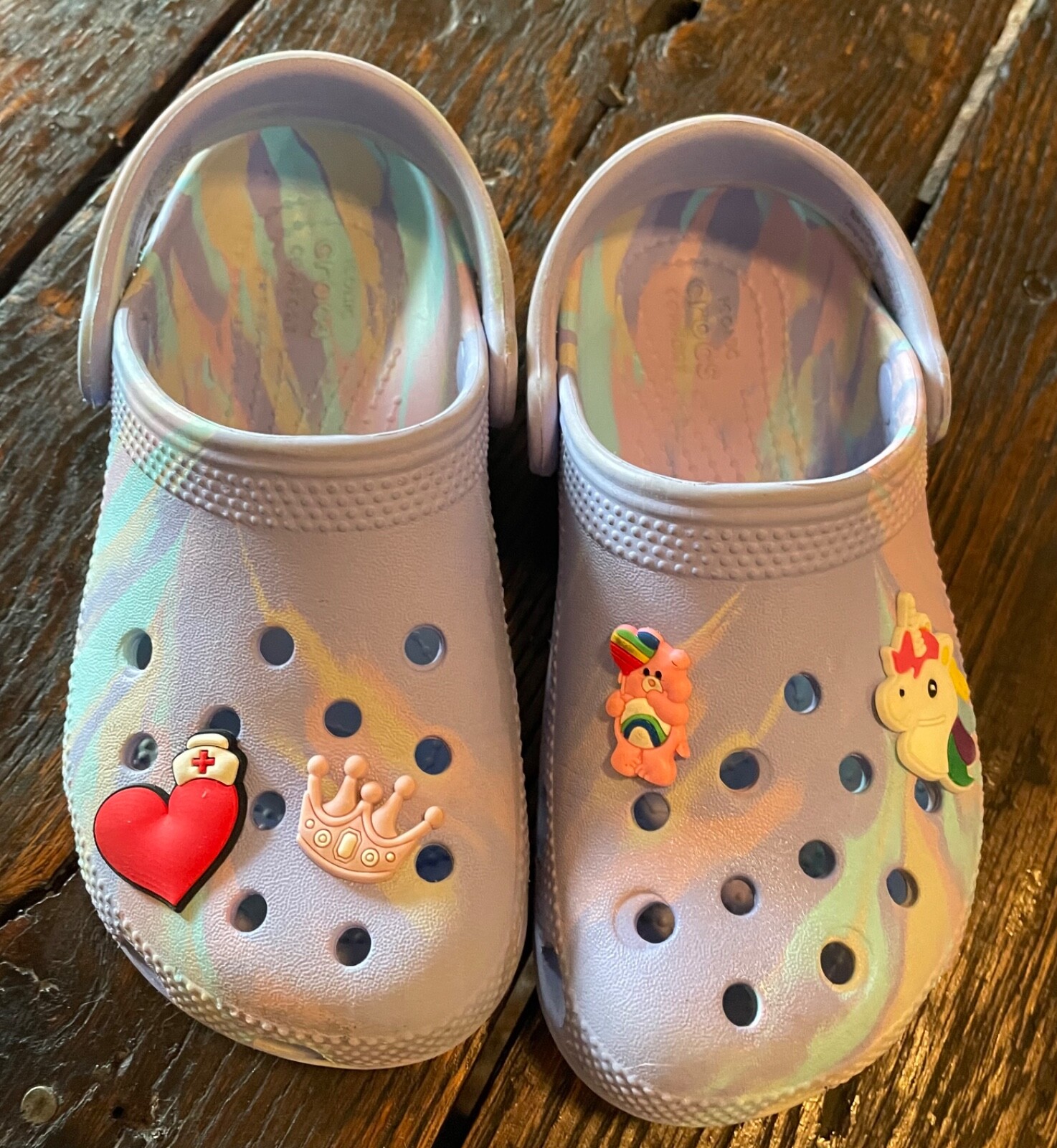 Crocs Kid's Size 12 Slip On Shoes Purple Tie  Dye, Inludes 4 Gibets Barely Used