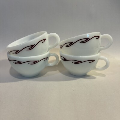 Vintage Pyrex Teacups Coffee Corning Milk Glass Restaurant Ware Maroon Waves