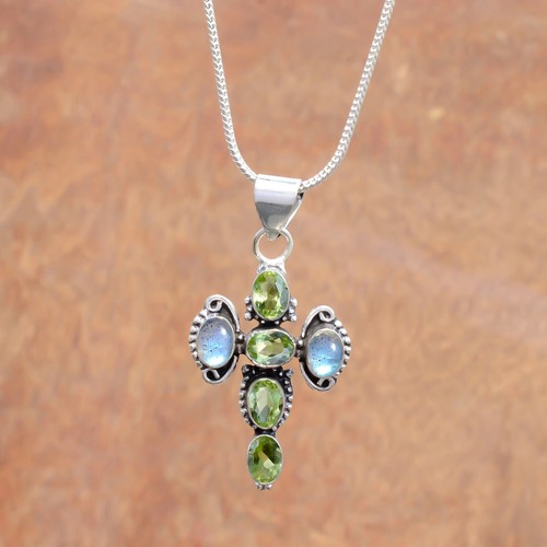 Peridot Cut & Labradorite Gemstone 925 Sterling Silver Cross Simple Look Jewelry - Picture 4 of 8
