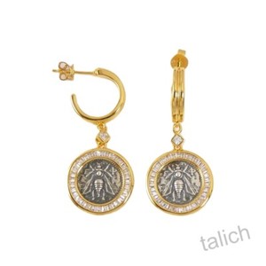 Authentic 18K Gold Plated Sterling Silver Baguette Cut CZ Bee Coin Small Hoop Earrings