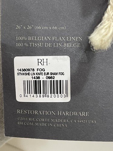 Restoration Hardware Stonewashed Belgian Flax Linen EURO Sham Color FOG $139 - Foto 9 di 9