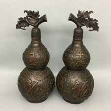 Chinese Copper Handmade Exquisite A Pair Gourd Vases 19890