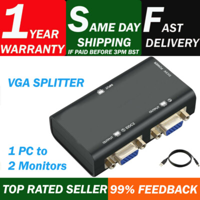 VGA Splitter 2 Port 250MHz 1 PC auf 2 Monitore SVGA Video Splitter 1920 x 1440