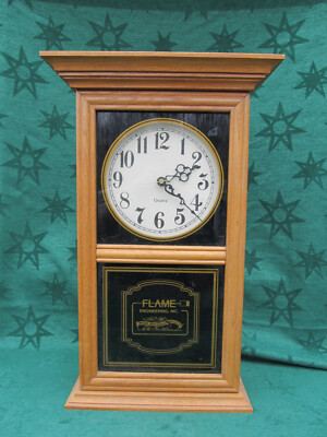 Vintage Oak Framed Adverting Clock FLAME ENGINEERING Red Dragon Torch Quartz