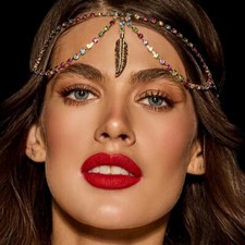 Women Rhinestone Forehead Leave Multicolor Metal Jewel Bridal Hair Chain 27041