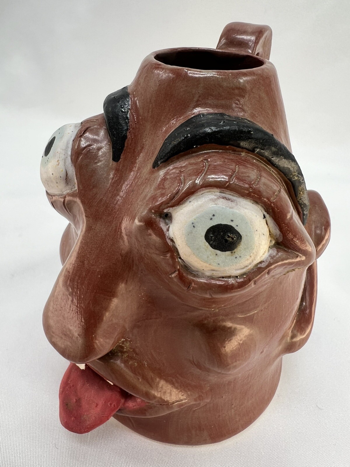 Vintage Face Head Jug Vase Handle Folk Pottery Devil Tongue Lips Teeth Eyes OOAK