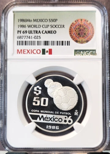 1986 MEXICO SILVER 50 PESOS WORLD CUP SOCCER NGC PF 69 ULTRA CAMEO RARE TOP POP