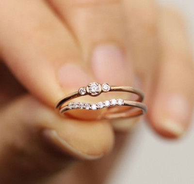 Dainty Delicate Rose Gold Stacking Finger Ring Tiny CZ Set of 2 stackable rings 