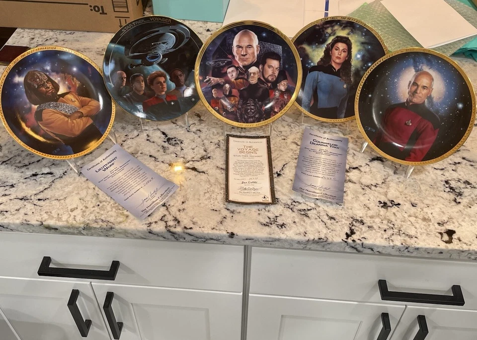 Lot of 5 Star Trek Collector Dinner Plates – 8" Gold-Trimmed – Deanna Troi, Lt. - Image 2 of 4