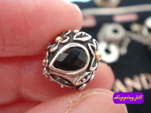 Pandora Flower and Leaf Black Onyx Diamond 14CT GOLD 925 ALE Charm 790540O - Imagen 1 de 8