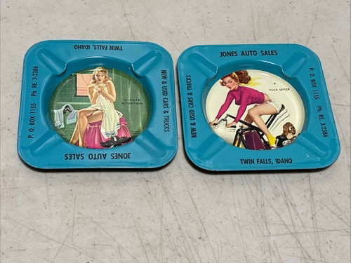 2 Vintage Girlie Pin-Up Tin Ashtray Face Setter & A Cute Situation