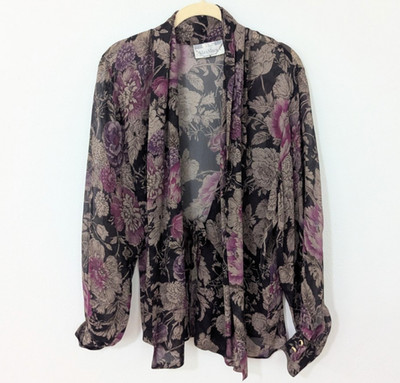 Max Mara Floral Print Tie Front Blouse Shawl Neck Silk Brown Purple US 10
