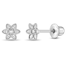 925 Sterling Silver 4mm Babies Cute Flower Screw Back Earrings, Screw Back Locki