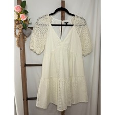Express White Eyelet Lace Tiered Mini Dress Puff Sleeve V-Neck Small