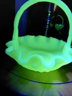 Vtg Fenton Art Custard Uranium Glass Basket Persian Medallion Blackberry Glows