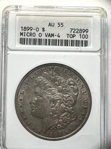 1899-O TOP-100 Morgan Silver Dollar VAM-4 MICRO O Anacs Au55 Toned