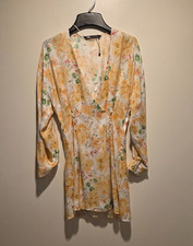 Zara Women's Floral Print Short Dress S Yellow V-Neck Long Sleeved