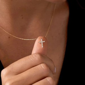 Authentic 0.30Ctw Round Moissanite Minimalist Faith Cross Pendant 14K Yellow Gold Plated