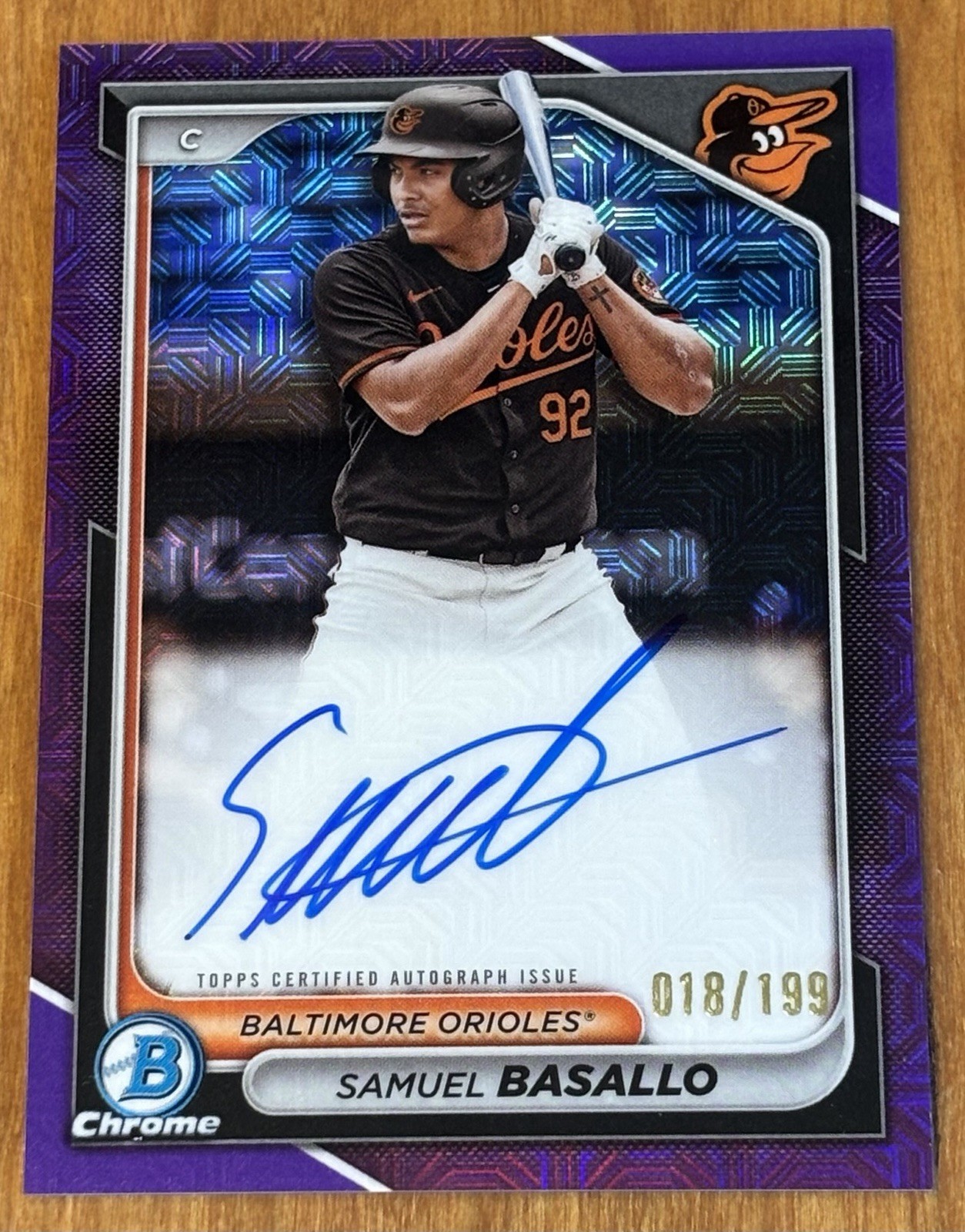2024 Bowman Chrome SAMUEL BASALLO Purple Mojo Auto /199 BMA-SB ORIOLES
