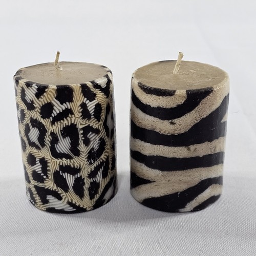 2 Vintage afrikanisches Tiermotiv 3" Kerzen Zebra & Leopard/Gepard Druck unbenutzt